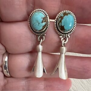 ❤️ #8 Turquoise Matte 925 Navajo Style Dangle Squash Blossom Earrings 1.41”L